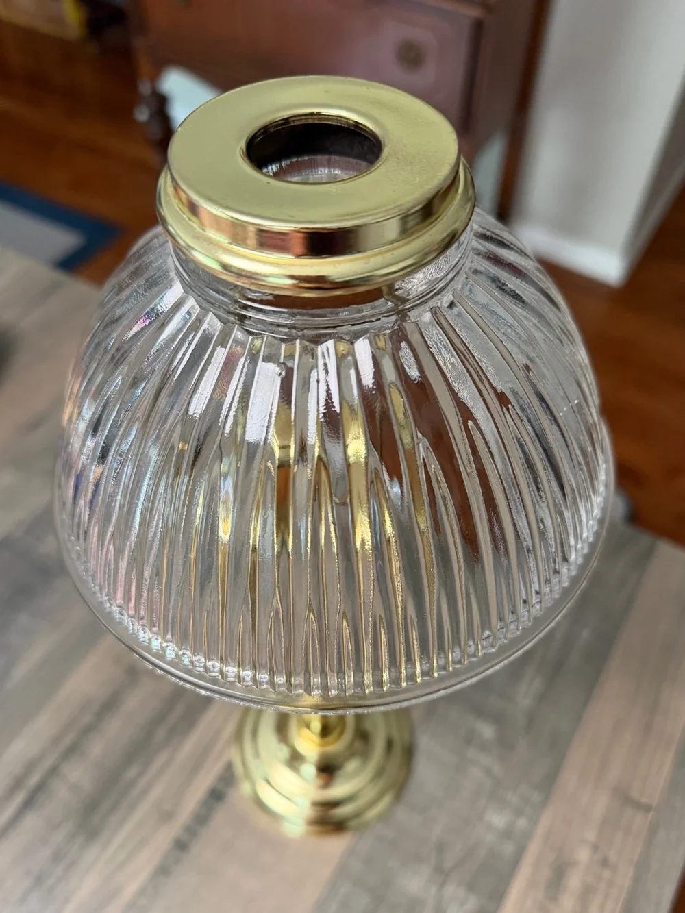 PartyLite Brass Gas Light Candle Table Lamp with Clear Ribbed Glass Shade